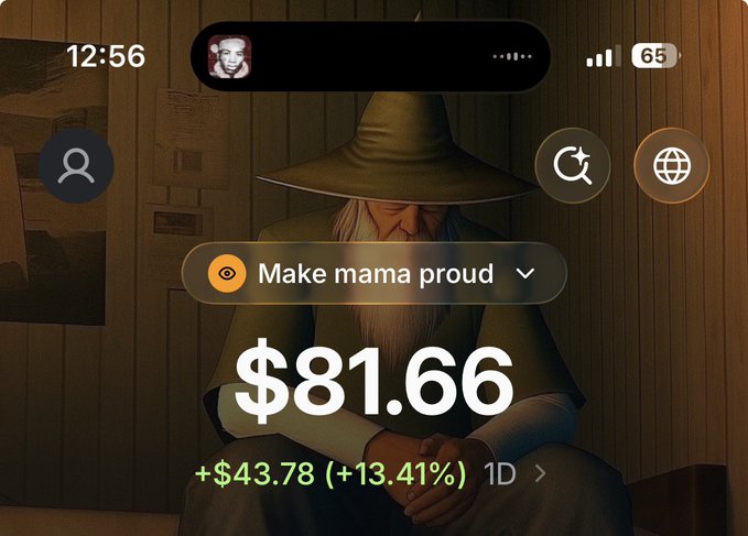 A Robinhood mobile app screenshot showing a portfolio labeled "Make mama proud" with a balance of $81.66, displaying a gain of +$43.78 (+13.41%) over 1 day. The image illustrates the post's theme of growing a small investment from $40 toward reaching $1,000 by month's end.