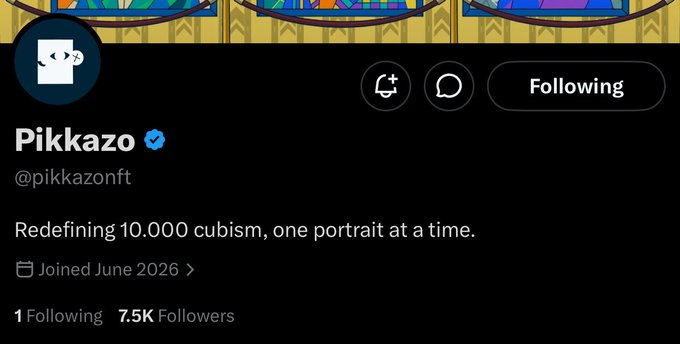 A Twitter/X profile page for "Pikkazo" (@pikkazonft), verified with 7.5K followers, featuring the tagline "Redefining 10,000 cubism, one portrait at a time." The post promotes a 300+100 GTD mint with 10k supply at $0.75, aligning with the profile's cubism-themed NFT project branding.