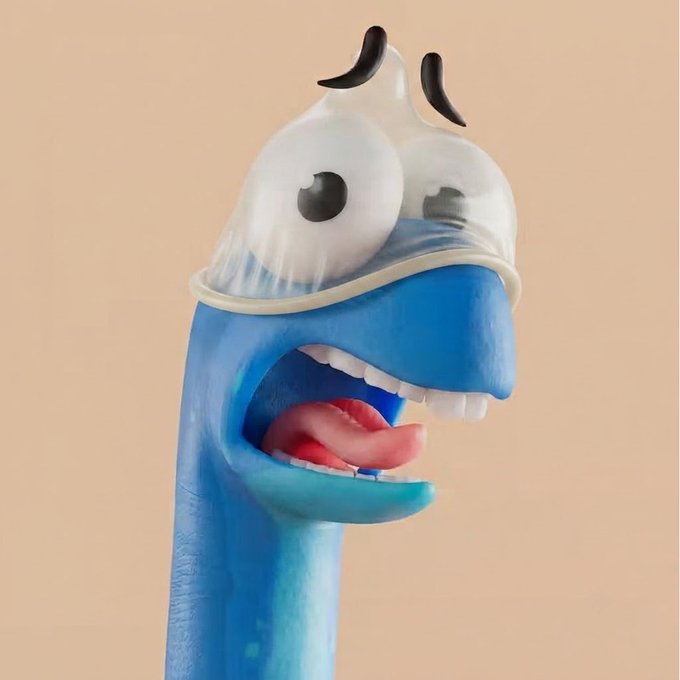 A 3D render of a blue, cartoonish character with one large eye and horns, its mouth wide open, against a tan background.