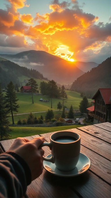 A first-person view of someone holding a cup of coffee on a wooden deck, overlooking a picturesque mountain valley with cabins, green fields, and a golden sunset.