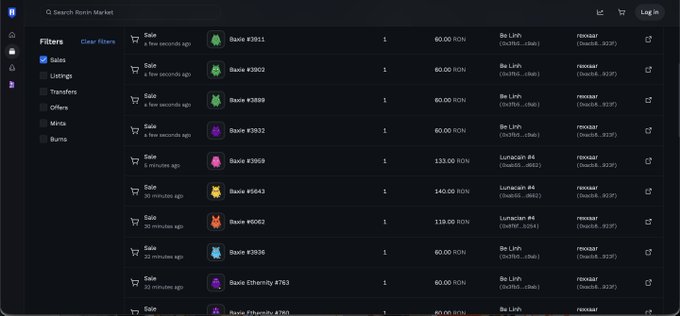 A dark-themed Ronin Market interface showing a list of Baxie NFT sales with prices in RON, filtered by Sales, Listings, Transfers, Offers, Mints, and Burns.