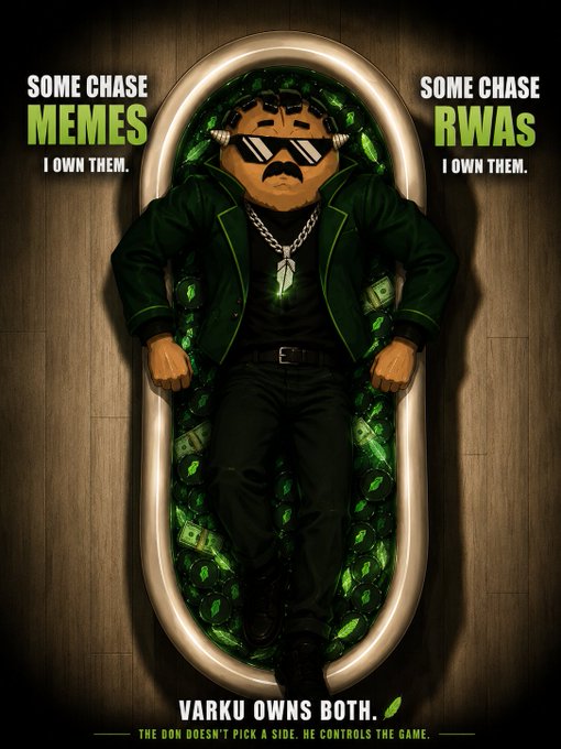 A digital illustration of a mustachioed character in sunglasses and a green jacket lying in a bathtub filled with green gems, with text reading 'SOME CHASE MEMES I OWN THEM. SOME CHASE RWAS I OWN THEM. VARKU OWNS BOTH. THE DON DOESN'T PICK A SIDE. HE CONTROLS THE GAME.'
