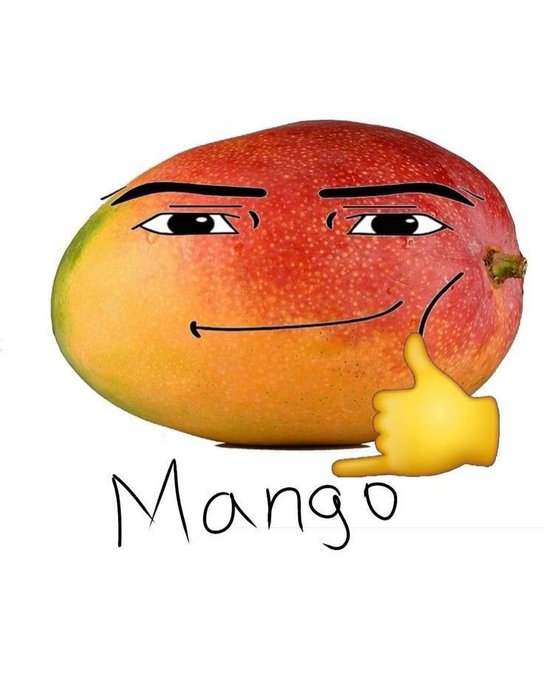 Cartoon-style image of a mango with drawn-on facial features giving a thumbs up, with the handwritten word 'Mango' below.