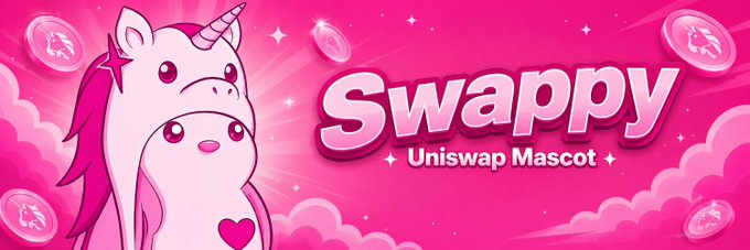 A pink banner features a cute unicorn character with a star and heart alongside the text "Swappy - Uniswap Mascot," serving as promotional artwork for the $SWAPPY token highlighted in the post as an early-stage project on Robinhood Chain.