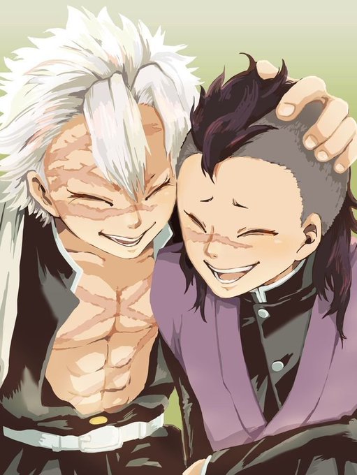 An anime illustration depicting two characters from Demon Slayer, Sanemi Shinazugawa with white hair and a shirtless torso smiling and hugging Genya Shinazugawa who has dark hair and purple clothing.