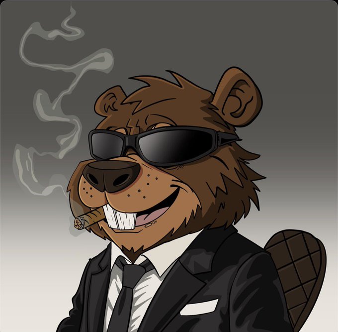 A cartoon illustration of a beaver wearing a black suit, tie, and sunglasses, smoking a cigar with smoke rising behind its head.
