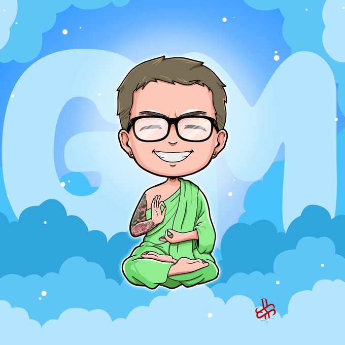 A cartoon illustration depicts a smiling man with glasses and a tattooed arm, wearing green robes and meditating in a lotus pose on a blue cloud with the letters 'GM' in the background.
