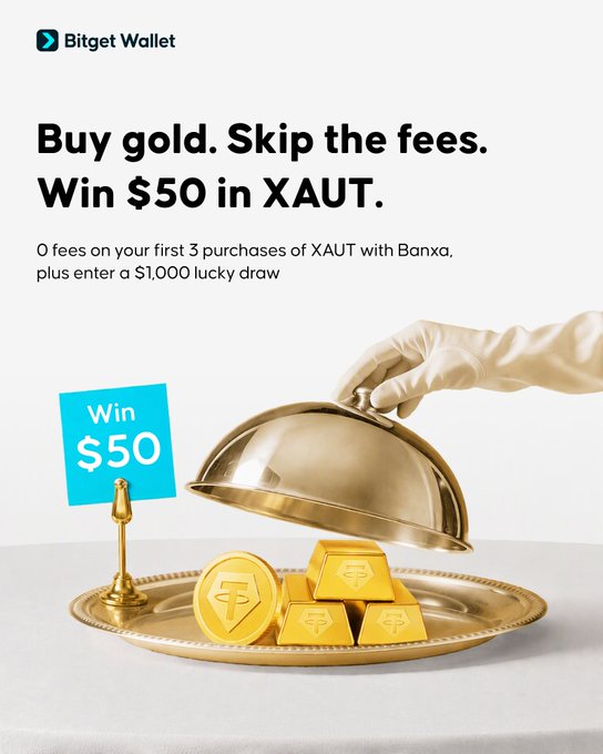 A Bitget Wallet promotional image featuring a gloved hand lifting a golden cloche to reveal gold bars and a Tether Gold coin, with text announcing "Buy gold. Skip the fees. Win $50 in XAUT" and 0 fees on the first 3 XAUT purchases via Banxa, plus a $1,000 lucky draw entry opportunity.