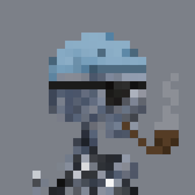 Pixel art of a blue-armored knight character with a visor and a sword, holding a small item on a gray background.