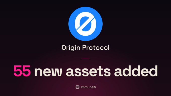 The image displays a promotional graphic for Origin Protocol's bug bounty program on Immunefi, featuring the Origin Protocol logo at the top, with the text "Origin Protocol" beneath it, and a bold headline reading "55 new assets added" against a dark purple gradient background, with the Immunefi logo at the bottom. The graphic visually reinforces the post's announcement about Origin Protocol adding 55 new assets to its up to $1 million bug bounty program on Immunefi.