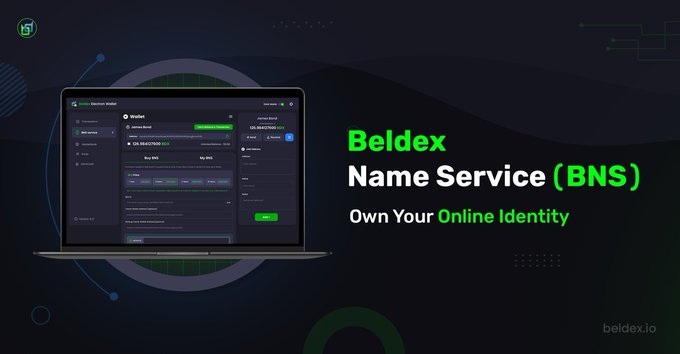 Promotional graphic for 'Beldex Name Service (BNS)' with the tagline 'Own Your Online Identity', showing a laptop displaying the wallet interface and the URL beldex.io.