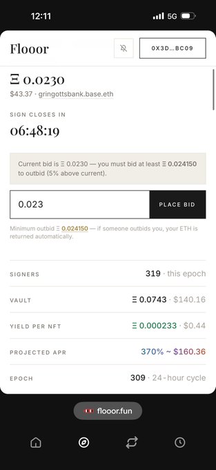 The image shows the floor.fun bidding interface for the FLOOOR NFT with a current bid of Ξ 0.0230 (~$43.37), a 6:48:19 countdown until sign closes, and a vault of Ξ 0.0743 (~$140.16) yielding Ξ 0.000233 per NFT with 319 signers in epoch 309. This connects to the post by displaying the rising daily vault ($140.16) and yield per NFT ($0.44) that drives the daily earnings for vrnouns owners.