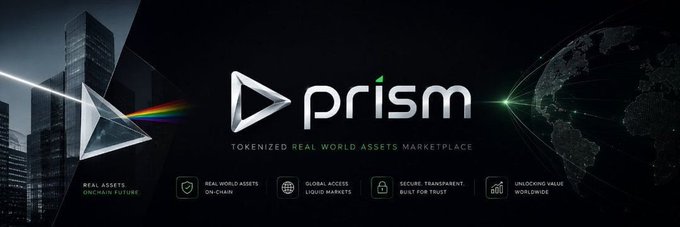 A promotional banner for PRISM (Prism Assets), featuring a prism refracting light into a rainbow and a digital globe, with the tagline "TOKENIZED REAL WORLD ASSETS MARKETPLACE." The image highlights key features—real assets on-chain, global access, secure transparency, and worldwide unlocking—aligning with the post's announcement of PRISM's AI-powered marketplace for tokenizing real-world assets, along with the contract address 0x20024E485c0B22b42855589700721b28320A7777.