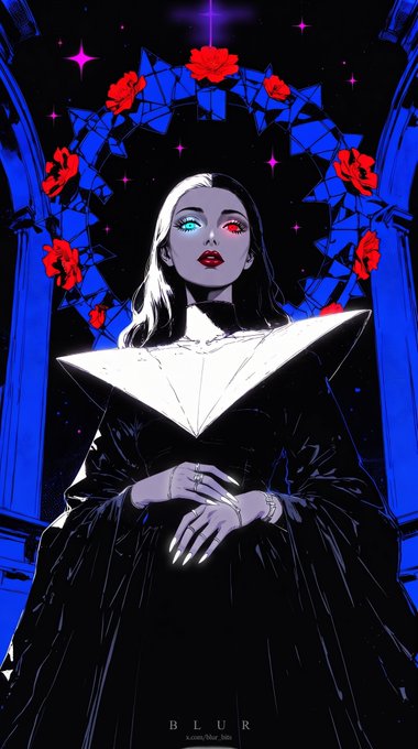 A dark, stylized portrait shows a pale woman with red and blue eyes in a black gothic dress, surrounded by a blue wreath of roses with the text 'BLUR' at the bottom.