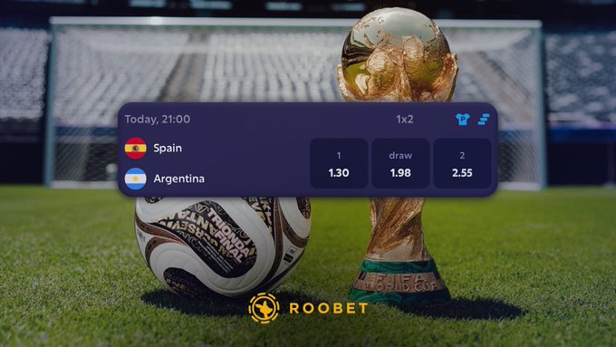 A Roobet betting interface for a Spain vs Argentina football match today at 21:00, showing odds of 1.30 for Spain, 1.98 for a draw, and 2.55 for Argentina, overlaid on an image of the FIFA World Cup trophy.