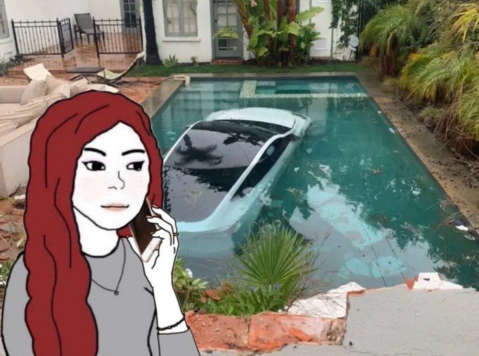 A composite image featuring an illustration of a red-haired woman on a phone call overlaid on a photograph of a light blue Tesla car submerged in the swimming pool of a backyard.