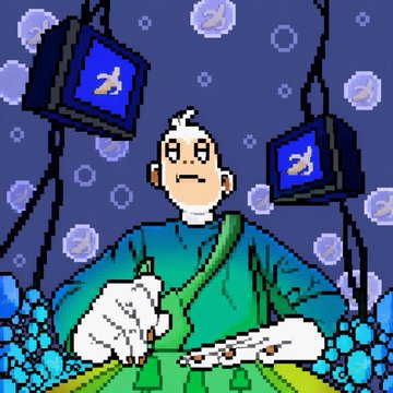 A pixel art style image shows a character with a small flame on their head in a teal outfit, surrounded by blue bubbles and screens displaying yellow bird logos.