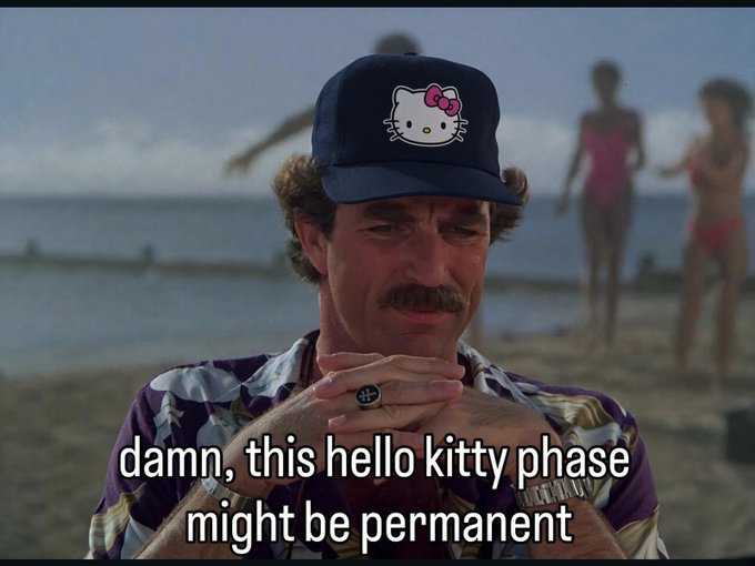 A meme featuring a man with a mustache wearing a navy Hello Kitty cap on a beach, with the caption 'damn, this hello kitty phase might be permanent.'
