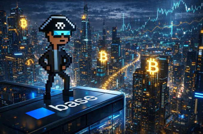 A pixel art character wearing sunglasses and a checkered cap standing on a rooftop labeled 'base' overlooking a nighttime cityscape with Bitcoin logos and trading charts.