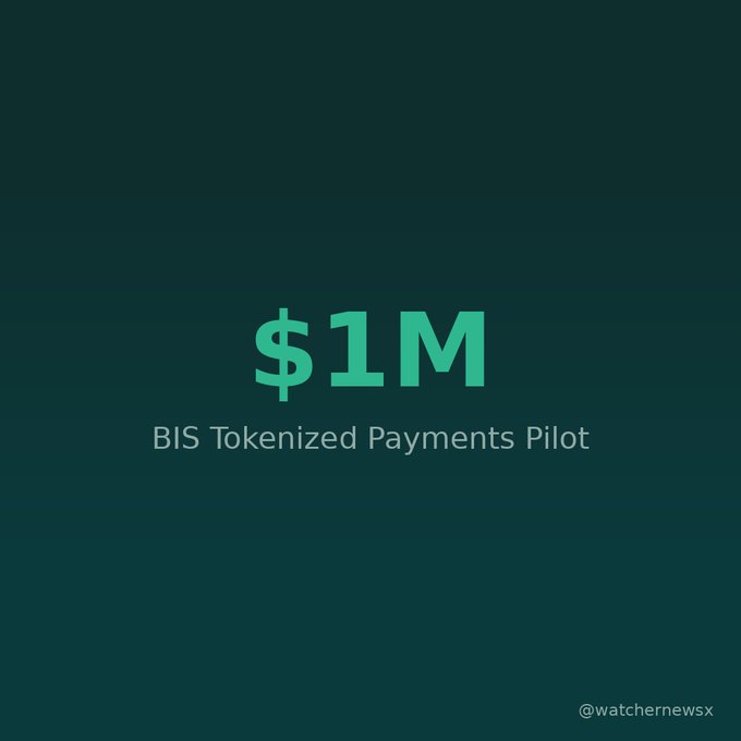 A graphic with a dark teal background displaying '$1M' and 'BIS Tokenized Payments Pilot' with the watermark '@watchernewsx'.