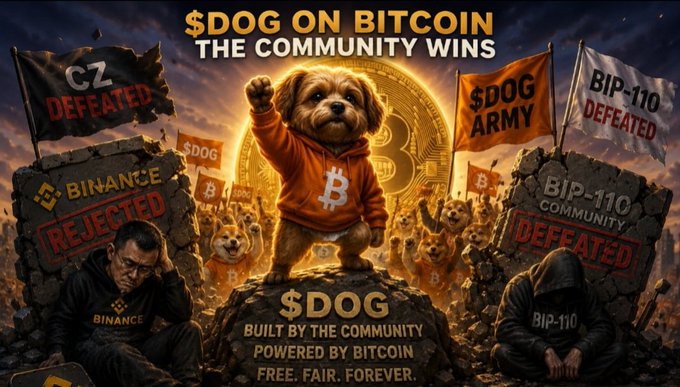 A promotional image for the '$DOG ON BITCOIN' token featuring a cartoon dog in an orange Bitcoin hoodie holding a fist up, standing on a Bitcoin, with text stating 'THE COMMUNITY WINS' and declaring 'CZ DEFEATED,' 'BINANCE REJECTED,' and 'BIP-110 DEFEATED,' emphasizing it's 'BUILT BY THE COMMUNITY, POWERED BY BITCOIN.'