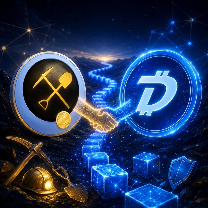 Two glowing coin emblems—a gold mining-themed token and a blue DigiByte (DGB) symbol—shake hands atop a path of luminous blockchain blocks, symbolizing a partnership between a mining pool and the Digibyte network to support the grassroots #DigiDollar initiative.