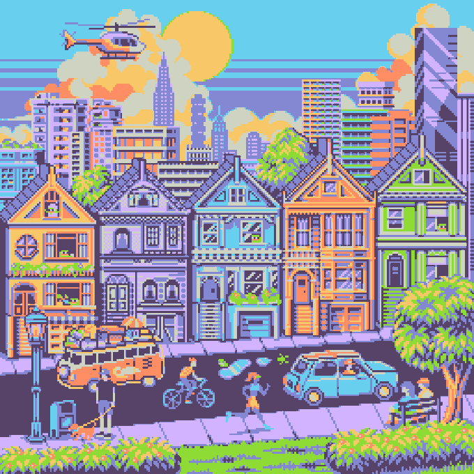 A vibrant pixel art cityscape featuring colorful Victorian houses, a city skyline with skyscrapers, a helicopter, a van, and a car against a sunset sky.