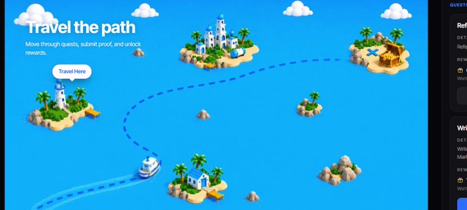 An illustration with the heading 'Travel the path' showing a dotted blue travel route connecting various tropical islands with lighthouses, palm trees, and a small boat, set against a blue ocean background.