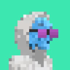 A pixel art illustration of a person wearing a white hood and pink/blue sunglasses against a bright turquoise background.