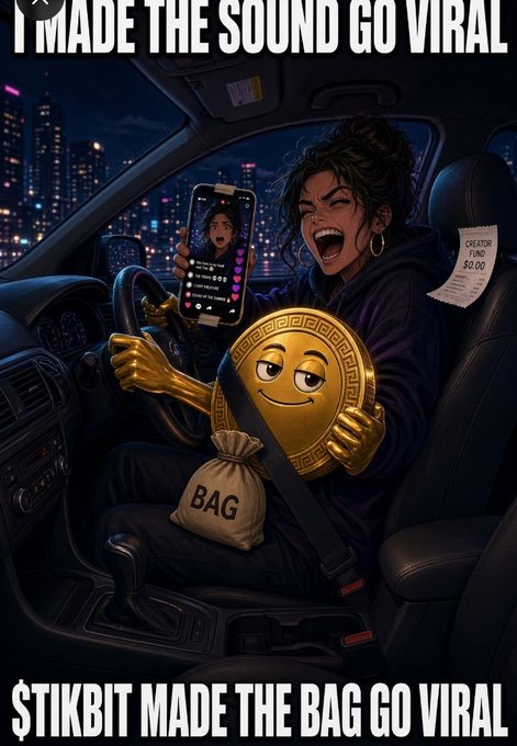 A stylized digital artwork showing a woman driving at night, holding a phone with a live stream and a large golden coin with a face, accompanied by a money bag labeled 'BAG'. Text reads 'I MADE THE SOUND GO VIRAL' at the top and '$TIKBIT MADE THE BAG GO VIRAL' at the bottom.