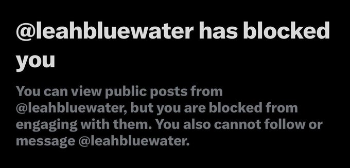 A black screenshot displaying an X/Twitter notification stating '@leahbluewater has blocked you,' explaining that you cannot engage with, follow, or message the user.