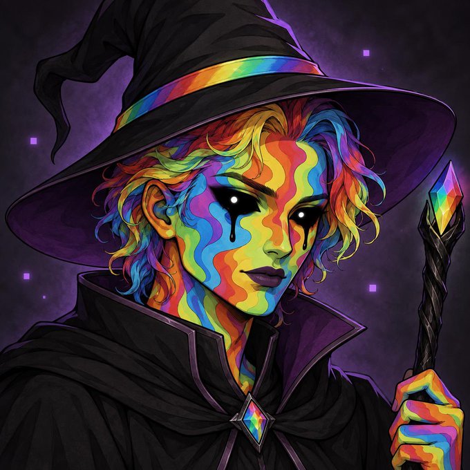 A vibrant digital illustration of a witch with rainbow-colored skin and hair, wearing a black pointed hat and cloak, holding a staff with a crystal top against a purple background.