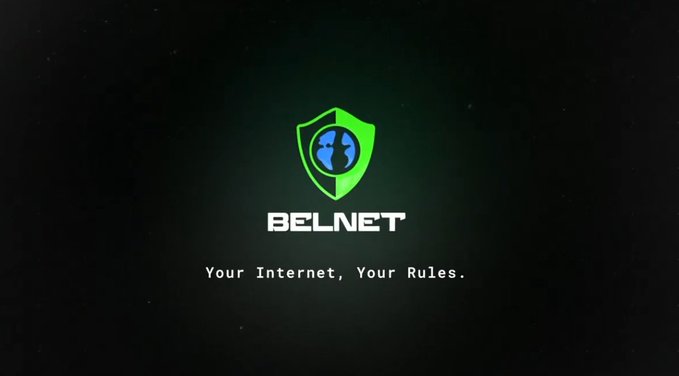 A Belnet logo featuring a green and blue shield with the tagline "Your Internet, Your Rules." against a dark background.