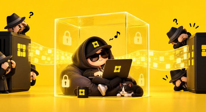 A cartoon hacker in a hoodie and sunglasses sits relaxed inside a transparent yellow cube surrounded by padlocks, casually typing on a laptop while mysterious figures in trench coats and hats peer curiously from the sides. The image humorously illustrates the concept of Fully Homomorphic Encryption (FHE), where data is processed securely without being visible — matching the joke that the user's application is working flawlessly but "nobody sees it," just like FHE computing without ever exposing the underlying data.