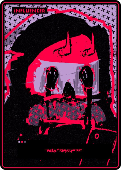A stylized poster labeled 'INFLUENCER' depicting a figure in a hood with headphones and a cap, rendered in a glitchy pink and black aesthetic.