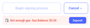 The image shows a UI with a disabled "Begin signing process" button, a "Cancel" option, and an error message stating "Not enough gas. Gas Balance: $0.00" with a "Deposit" button. The post jokes that by 2026, even signing transactions on Ethereum will require gas fees that users may not have, highlighting a potential accessibility issue.