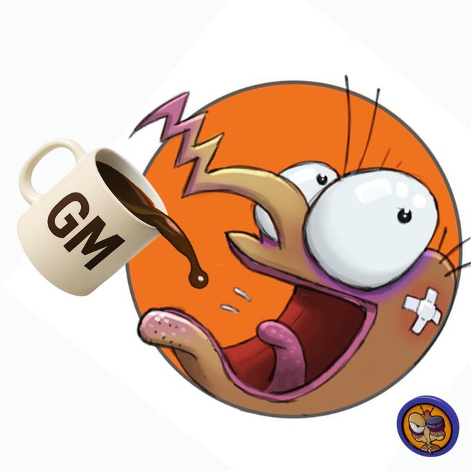 A cartoon illustration of an orange, round character with bulging eyes having coffee poured into its open mouth from a mug labeled 'GM'.