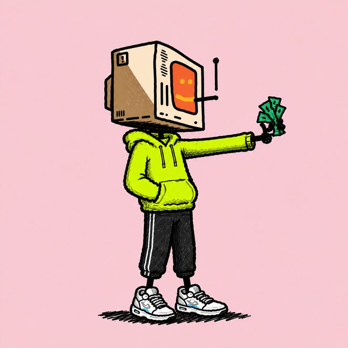 An illustration of a robot-like figure with a television/monitor for a head, wearing a neon yellow hoodie and black pants, holding out green tickets against a pink background.