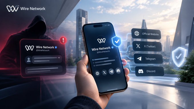 A promotional graphic for 'Wire Network' (@wireetwork) displays a smartphone showing their profile alongside icons linking to Official Website, X (Twitter), Telegram, and Discord, with a hooded figure in red on the left.