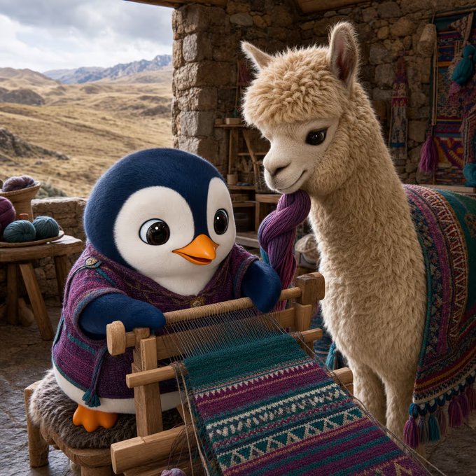 A whimsical 3D rendered scene of a penguin character wearing a colorful woven poncho, working on a loom alongside an alpaca in what appears to be a highland setting with traditional textiles.