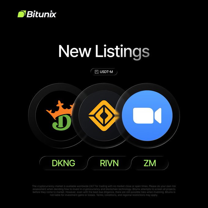A Bitunix promotional graphic announcing new USDT-M futures listings for DKNG, RIVN, and ZM, featuring their respective logos (a green crowned "D" for DraftKings, a yellow diamond for Rivian, and a blue video camera for Zoom) on a dark background. The image visually supports the announcement of these three new trading pairs now available on the Bitunix platform.