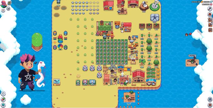 A screenshot of a 2D farming/business simulation game showing a character with purple hair on an island with crops, buildings, and various items arranged on a sandy area surrounded by water.