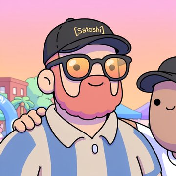 A cartoon character with orange-tinted sunglasses and a black cap reading "[Satoshi]" stands next to another smiling doodle character against a pink sunset backdrop, illustrating the post about being "doodled" into the Doodles NFT collection with a Satoshi-themed avatar.