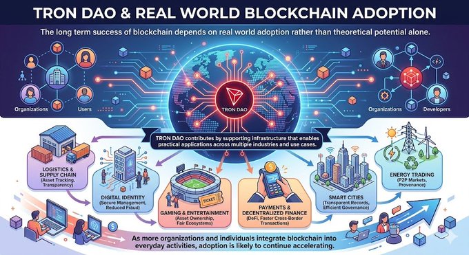 The image shows a digital art illustration depicting the development, implementation, and benefits of real-world blockchain adoption. The illustration is filled with various people, logos, objects like a laptop, tablet, smartwatch, and other relevant symbols related to the Blockchain technology ecosystem, such as networks, smart contracts, and cryptocurrencies. The text in the image reinforces the idea that the long-term success of blockchain relies on real-world applications rather than being solely theoretical or abstract. This is highlighted by the fact that various stakeholders, including organizations like TRON DAO, are working together to build and implement functional Blockchain solutions across different industries, providing a practical context for understanding its importance and impact in today's technological landscape.