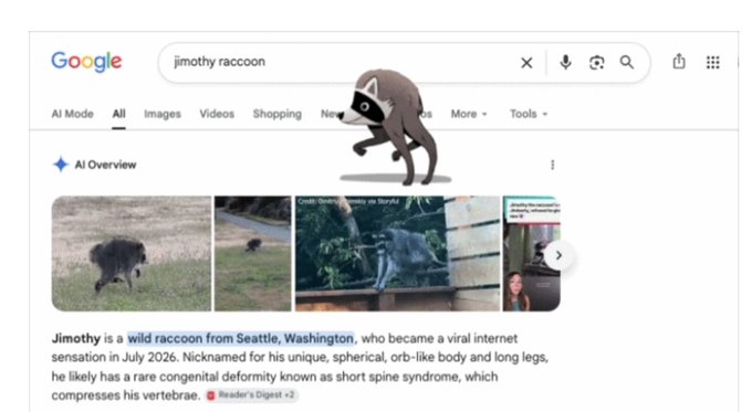 A Google search results page for 'jimothy raccoon' featuring an AI Overview describing Jimothy as a viral wild raccoon from Seattle with short spine syndrome.