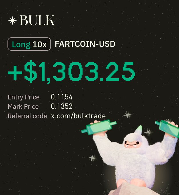 The image features a cartoon depiction of a white furry animal, possibly a snowman or a polar bear, holding two green bottles with its arms raised high above its head. The background of the image is black, which contrasts with the white fur on the animal's body and makes it stand out more prominently. The text in the image reads "Long 10x Fartcoin-USD", indicating that there are long trading sessions available for this particular coin.