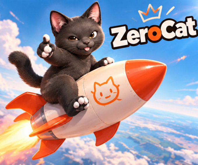 A 3D-rendered logo graphic of a black kitten riding an orange and white rocket through cloudy skies, with the text 'ZeroCat' and a small crown icon.