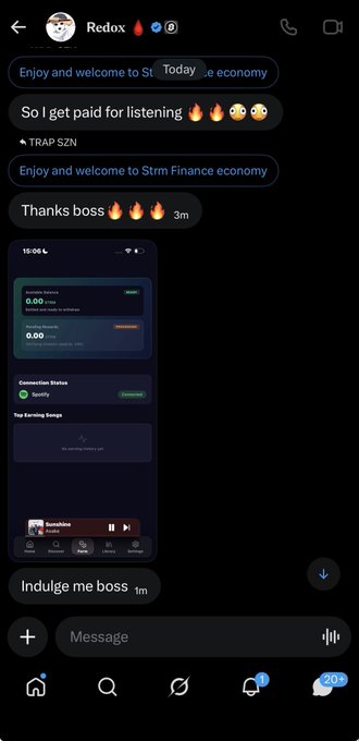 The image shows a phone screen with a message from someone named Redox, which reads "Enjoy and welcome to Stm!". The message also includes an invitation for the user to listen to some music or a podcast.