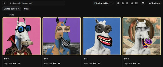 An NFT marketplace view showing 4 horse-themed collectible items owned by the user, with #183 and #154 having top offers of $44.73, and #55 and #41 showing last sales of $58.99 and $54.56 respectively.