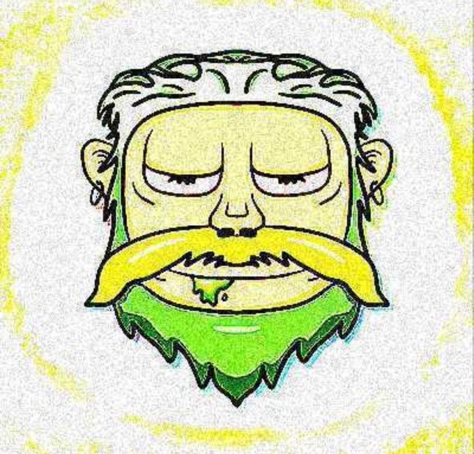 A cartoon drawing of a green-skinned character with a large yellow mustache, closed eyes, and a downward-curved green beard.